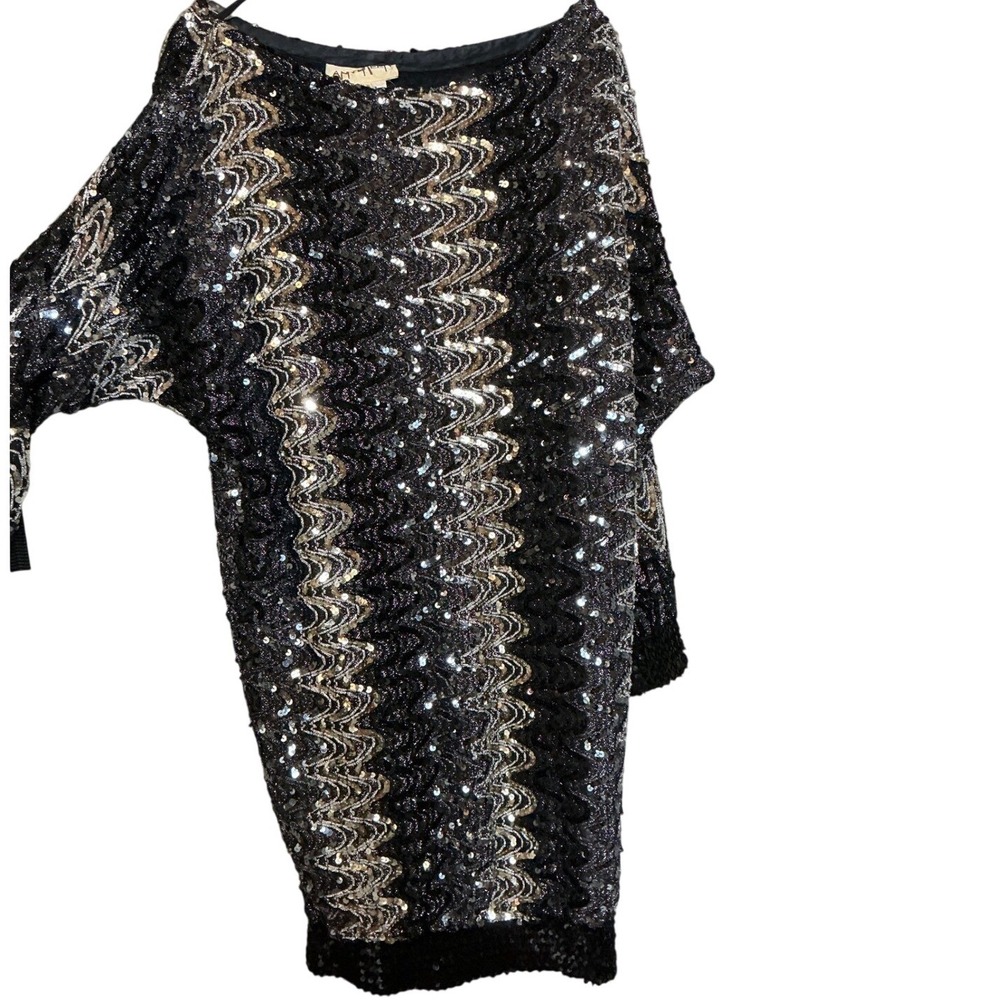 Club wear ANN GREEN Sequin Zig Zag Wave Pattern Black‎ Silver Gold Dress Small